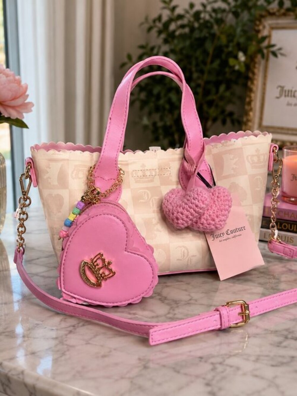 Juicy Couture Sweet Break Time Mini Tote Sandstone Pink Crossbody Charm Set NWT